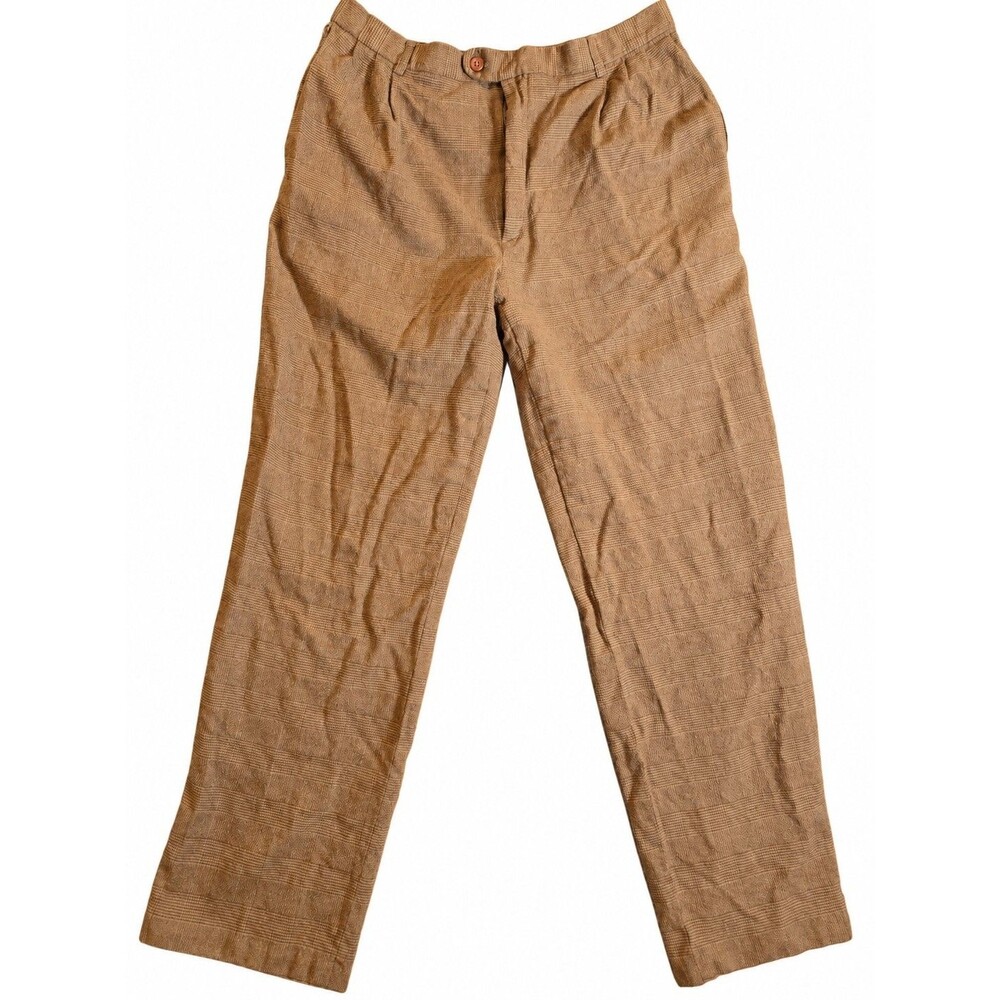 Vintage Italian Made Brown Glen Plaid 100% Virgin Wool Pleated Trousers 32x29